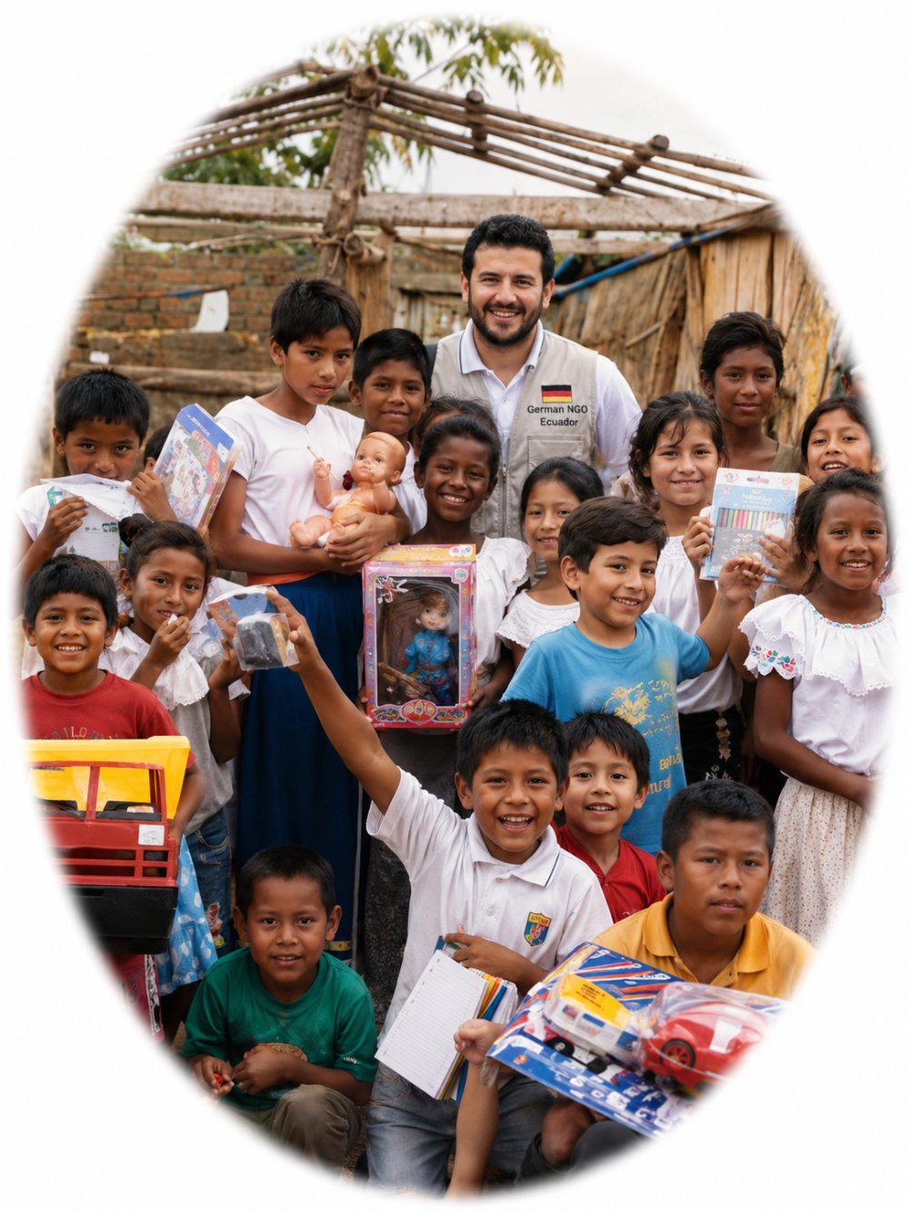 Kindergruppe mit einem Mitarbeiter unseres Projekts in Ecuador